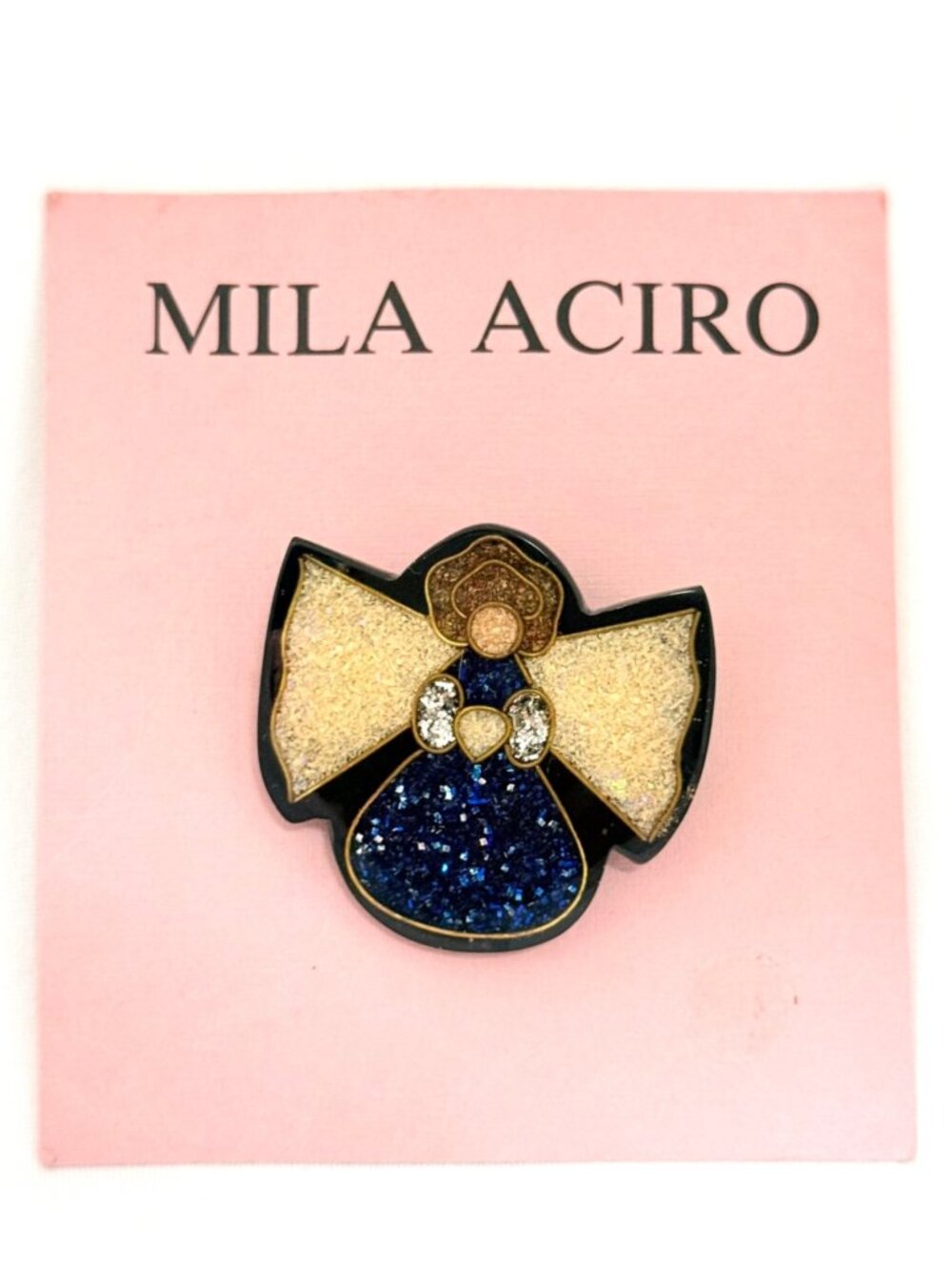 Vintage Mila Aciro Angel Brooch Pin with Sparkling Gold Blue & Glitter Accents